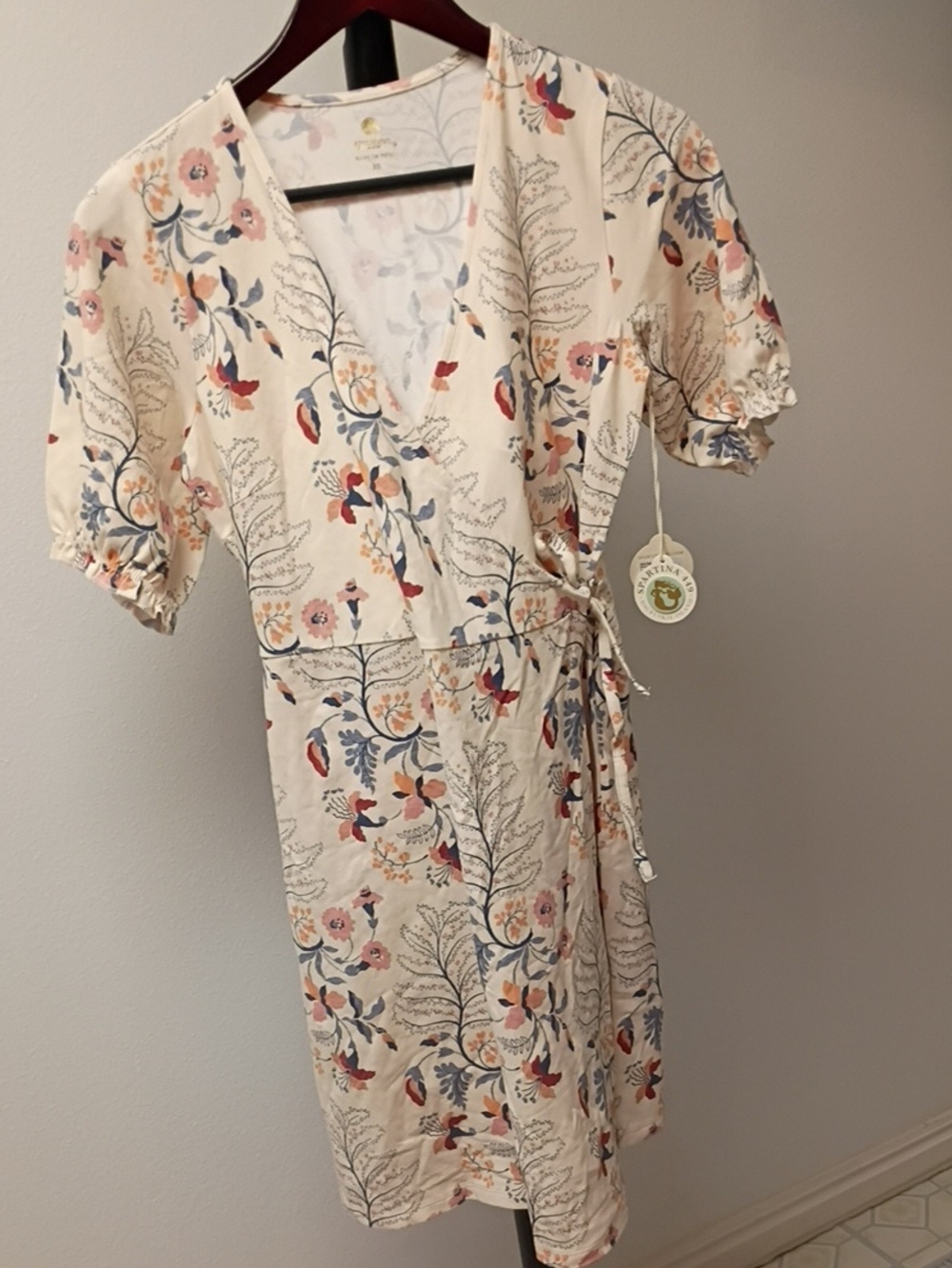 Spartina 449 Cream Floral Wrap Dress with Blue and Pink Accents